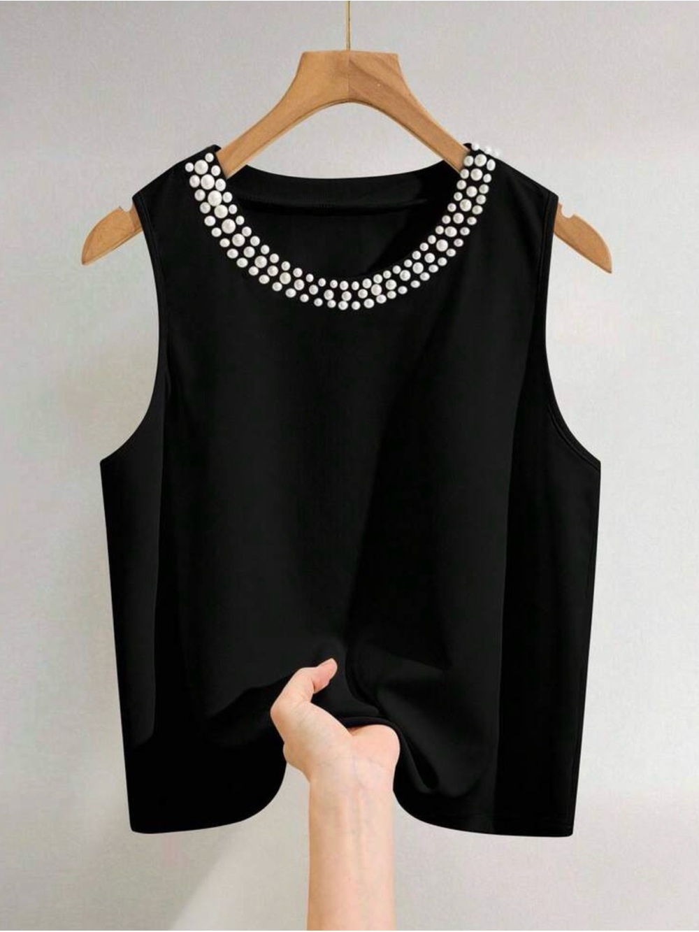Black Sleeveless Pearl-Trim Top